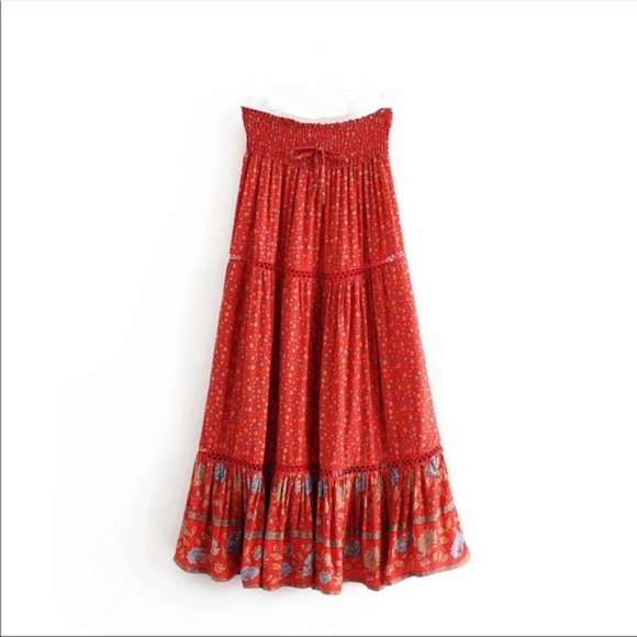 Boho Red Floral Print Ruffle Hem Maxi Skirt - Picture 9 of 14